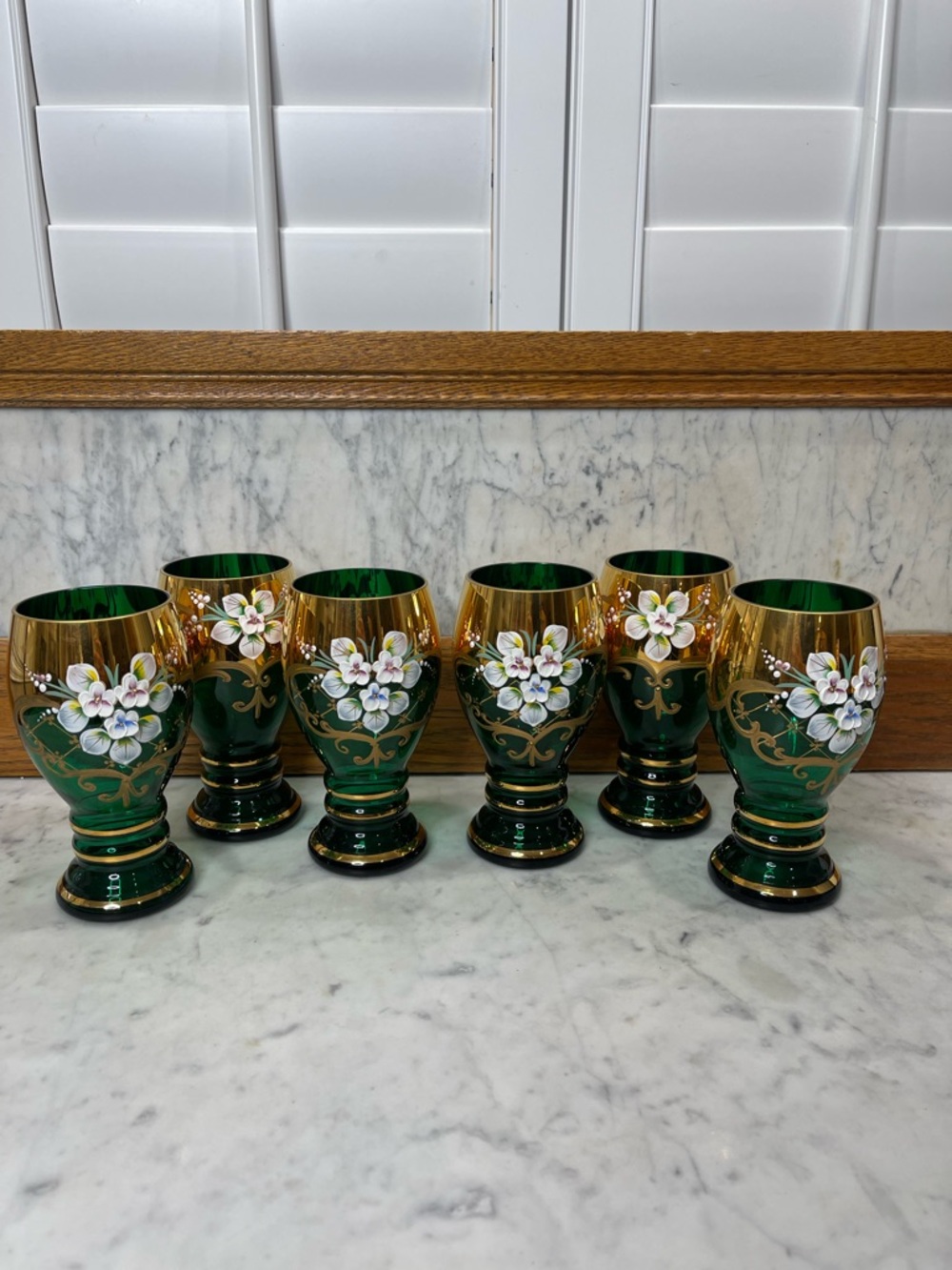6 Bohemian Green glasses hand-painted floral enamel design 24K gold accents